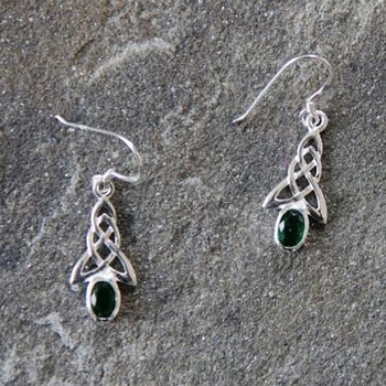 Silver Celtic Earrings with a green crystal stone
