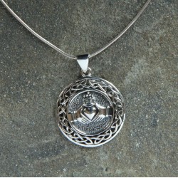 Large Sterling Silver Claddagh Pendant with a Celtic Knotwork Surround